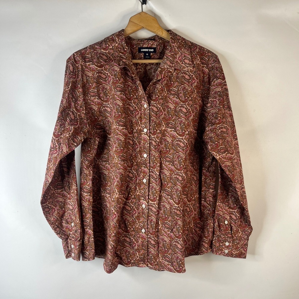 Lands End Button Up Shirt Womens 18 Pink Brown Paisley Supima Cotton Long Sleeve